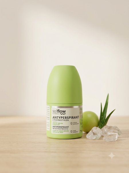 مُزيل ومضاد التعرق (so!flow Antyperspirant) برائحة الشمام الأخضر والألوفيرا (Green Melon with Aloe Vera)، والمُدعم بـ البوستبيوتيك (Postbiotic).