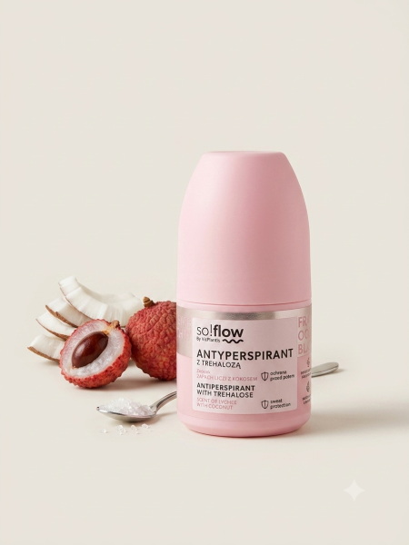 مُزيل ومضاد التعرق (so!flow Antyperspirant) برائحة اللايتشي وجوز الهند (Lychee with Coconut)، والمُدعم بـ التريهالوز (Trehalose)